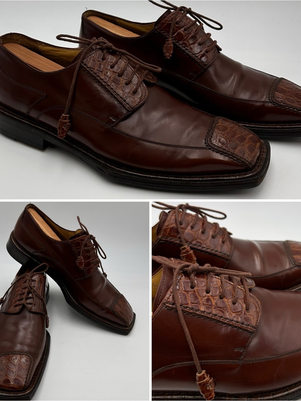 MEZLAN SHOES MENS SZ 8 GENUINE CROCODILE CAP TOE DERBY OXFORDS BROWN LEATHER